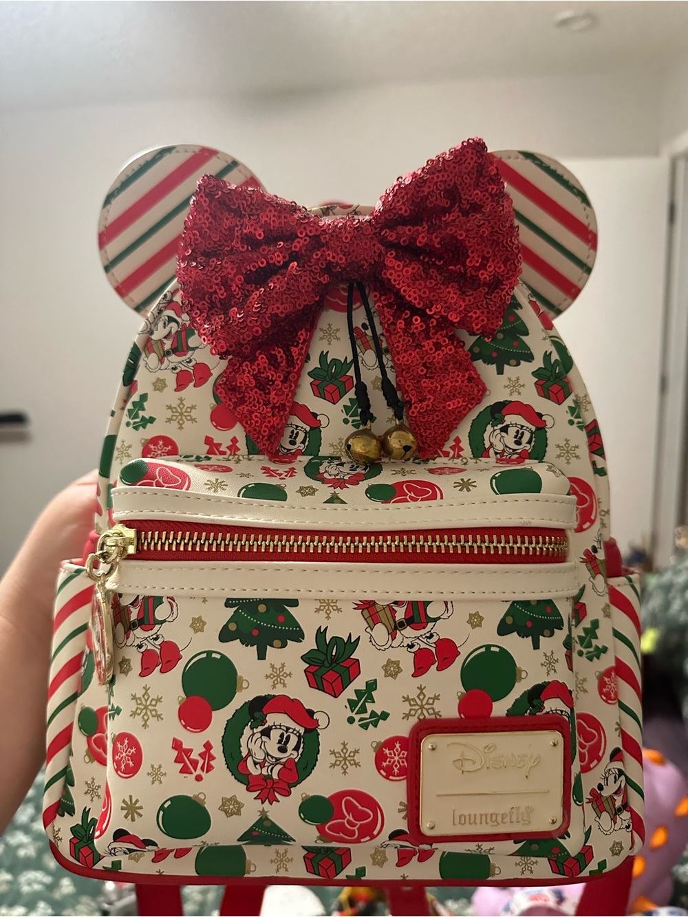 Loungefly Cream Minnie Mouse Holiday Mini Backpack with Red Sequin Bow